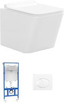 Set voor witte hang-wc met voorwandsysteem en chroomkleurige ovalen bedieningsplaat - CLEMONA L 35.5 cm x H 34 cm x D 51.5 cm