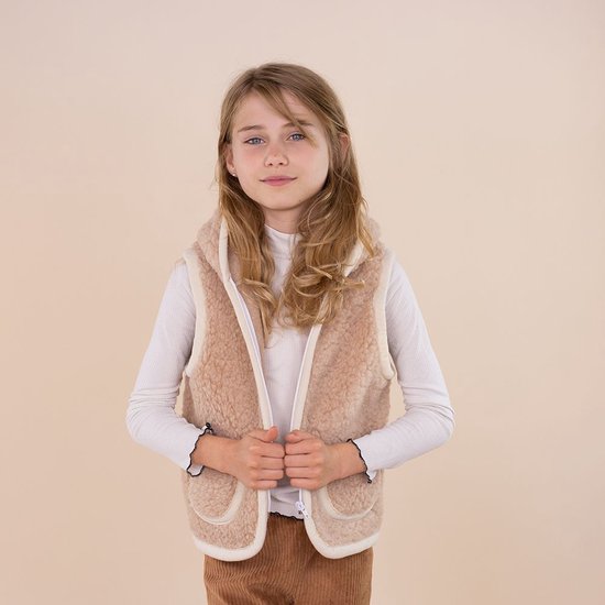 Kids Vest Wool Camel Hooded - Zipper