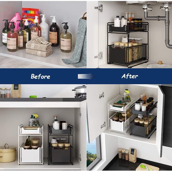 Onderspoelbak met 2 niveaus, lade voor keuken en badkamer, metalen Onderspoelbak met 2 niveaus, lade voor keuken en badkamer, metalen