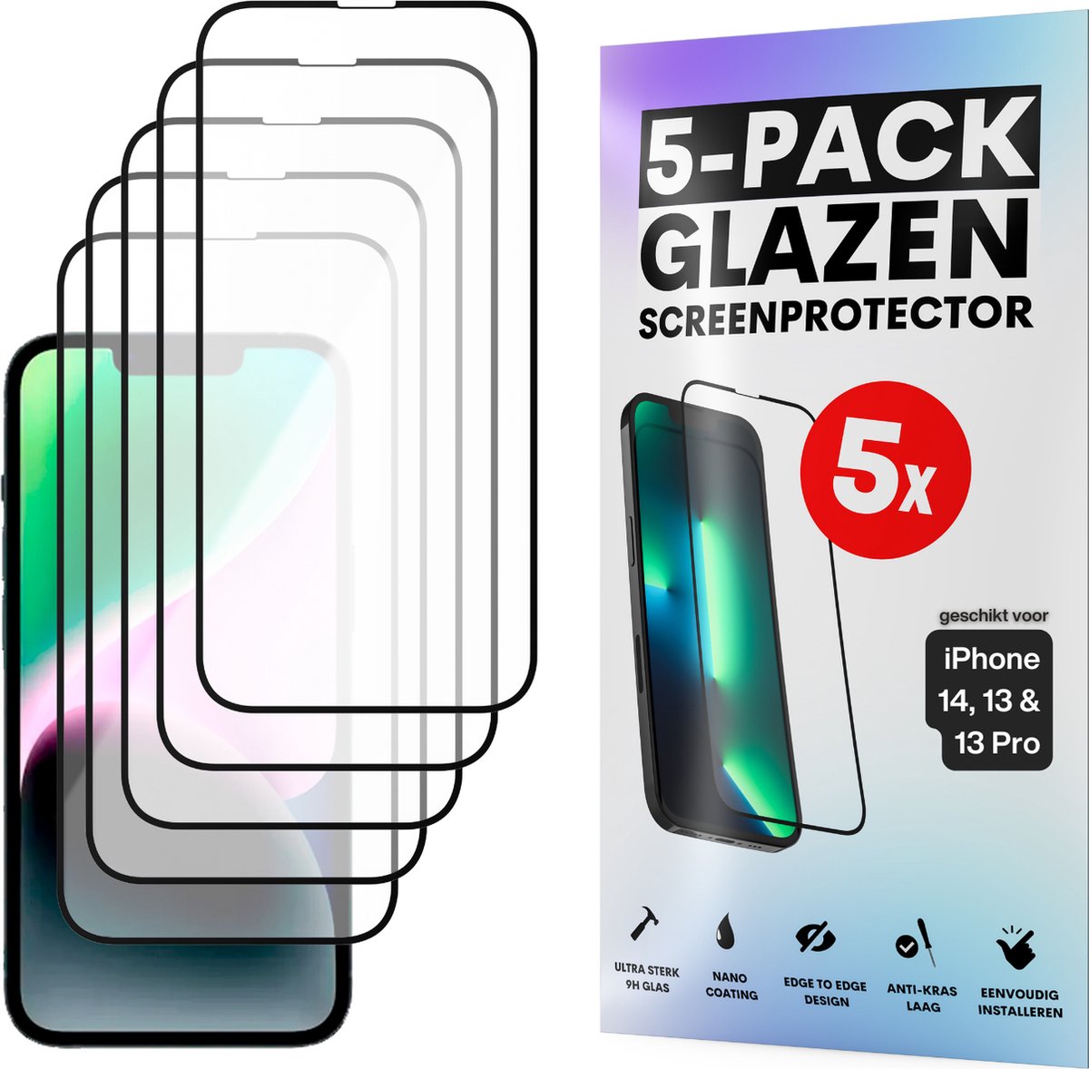 Screenprotector - Geschikt voor iPhone 14 / 13 / 13 Pro - Gehard Glas - Full Cover Tempered Glass - Case Friendly - 5 Pack
