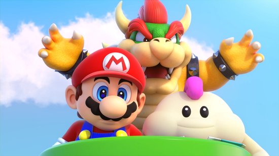 Close-up van Mario en Bowser, met een wit wolkpersonage, tegen een blauwe hemel.