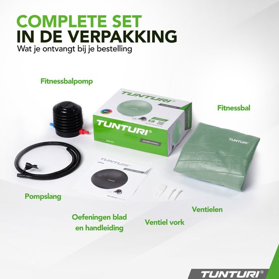 De complete set met fitnessbal, pomp, pomp slang, oefeningen blad en hand lijding, ventiel vork en ventielen.