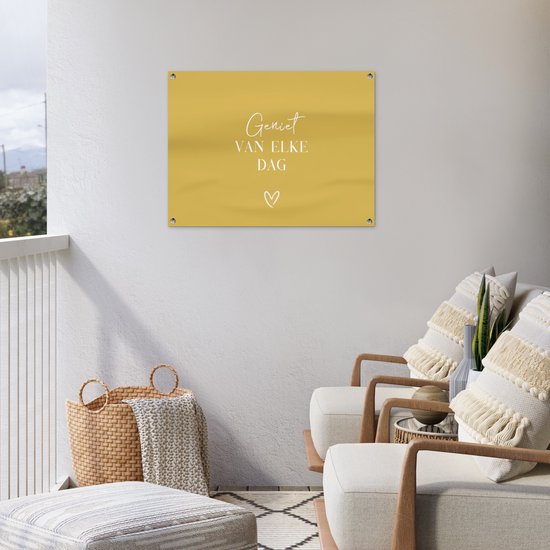 Affiche de jardin 80x60 cm - Décoration de jardin - Citation - Enjoy - Jaune - Texte - Coeur - Affiche pour le jardin - Décoration extérieure - Peinture de jardin de clôture - Décoration murale murale - Toile de jardin - Affiche extérieure