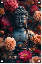 Affiche de jardin Bouddha - Décoration de jardin Statue de Bouddha - 40x60 cm - Fleurs en tissu de jardin - Décoration murale pour extérieur - Affiche de clôture - Tableaux de jardin - Décoration murale de jardin - Posters de jardin