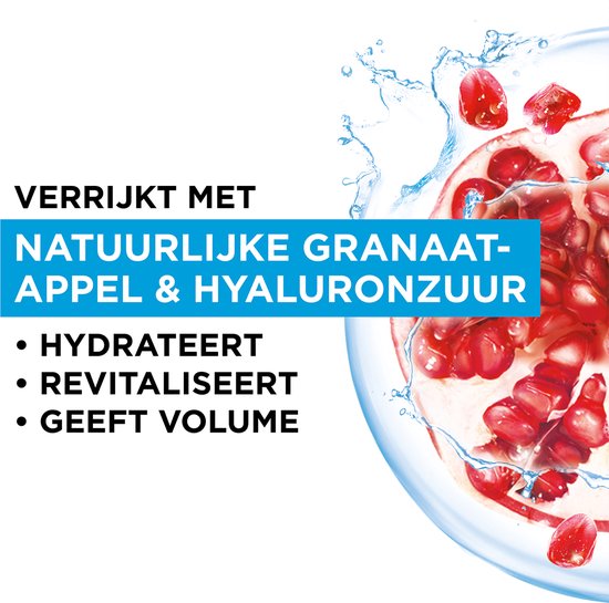 Garnier SkinActive Hydra Bomb masker met granaatappel en tekst "Verrijkt met Natuurlijke Granaatappel & Hyaluronzuur".