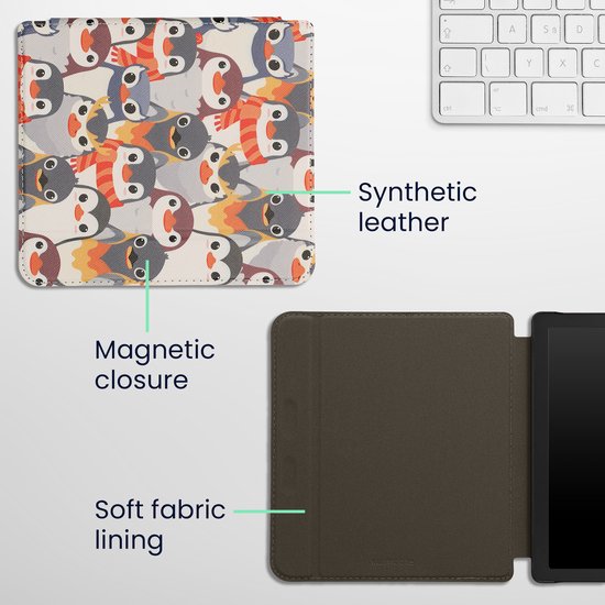 kwmobile e-reader hoesje geschikt voor Kobo Libra 2 hoes - E reader flip case met magnetische sluiting - Ereader cover - Pinguïn Ontwerp design in grijs / geel / bruin van Merkloos — afbeelding 2
