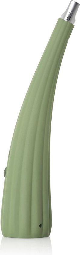 Briquet électrique incurvé vert avec des nervures verticales, posé sur fond blanc.