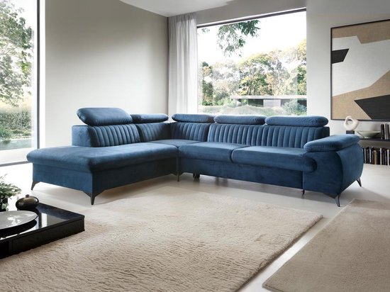 PASCAL MORABITO Grand canapé lit coin gauche en velours bleu nuit – SAMARA par Pascal Morabito L 275 cm x H 75 cm x P 221 cm