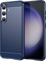 Samsung Galaxy S24 Hoesje - MobyDefend TPU Gelcase - Geborsteld Metaal + Carbonlook - Blauw - GSM Hoesje - Telefoonhoesje Geschikt Voor Samsung Galaxy S24