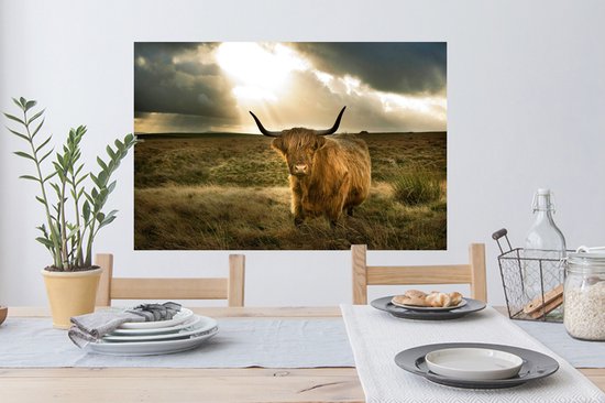Muurstickers - Sticker Folie - Schotse Hooglander - Zon - Dieren - 90x60 cm - Plakfolie - Muurstickers Kinderkamer - Zelfklevend Behang - Zelfklevend behangpapier - Stickerfolie