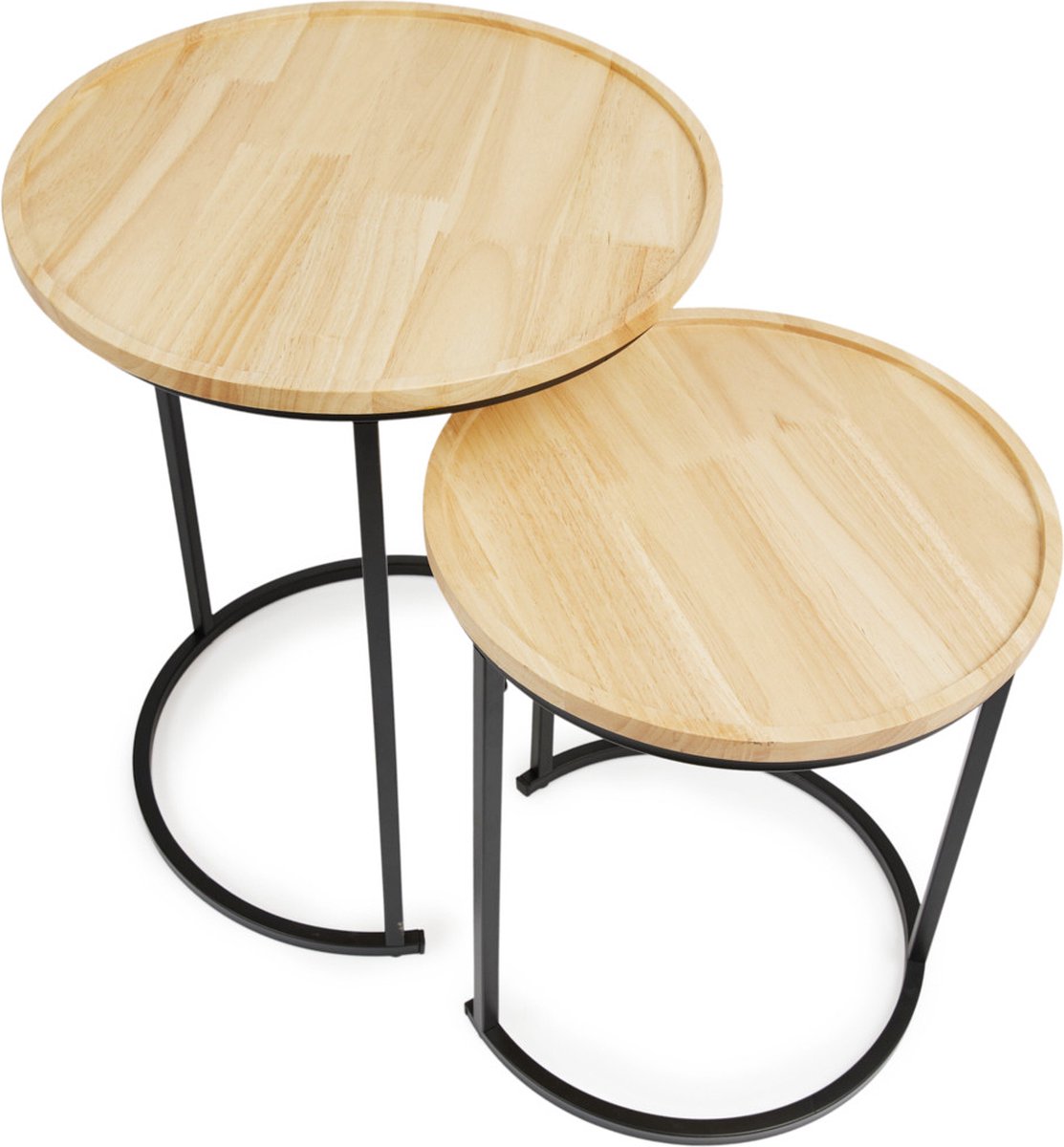 Lot De 2 Tables Basses Gigognes Rondes - Design Industriel Bois & Métal Noir, 34 Cm Et 40 Cm De Diamètre