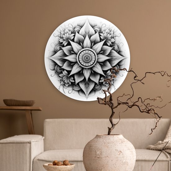 WallCircle - Cercle mural ⌀ 60 - Mandala - Zwart - Wit - Fleurs - Tableaux ronds salon - Plaque murale ronde - Cercle de Décoration murale - Décoration de chambre à l'intérieur - Cercle Décoration murale - Accessoires de maison