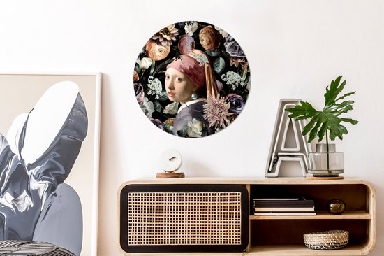 WallCircle - Stickers muraux - Cercle de papier peint - Fille à la boucle d'oreille en perle - Fleurs - Vermeer - Pastel - Oeuvre d'art - Peinture - Maîtres anciens - 80x80 cm - Cercle mural - Autocollant - Autocollant de papier peint rond