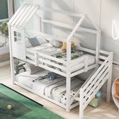 Sweiko Stapelbed, bed met hoektrap, huisbed, kinderbedje met valbeveiliging en rooster, met raam, frame in dennenhout, Wit (90x200cm)