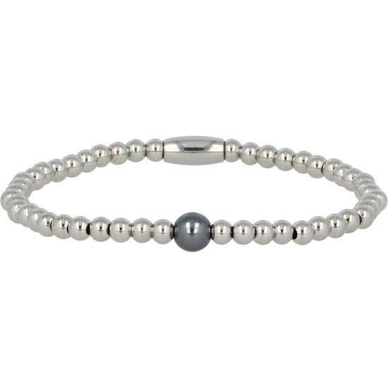 My Bendel - Bracelet en perles d'argent avec une perle noire - Bracelet élastique en perles d'argent avec une perle noire - Avec emballage cadeau luxueux