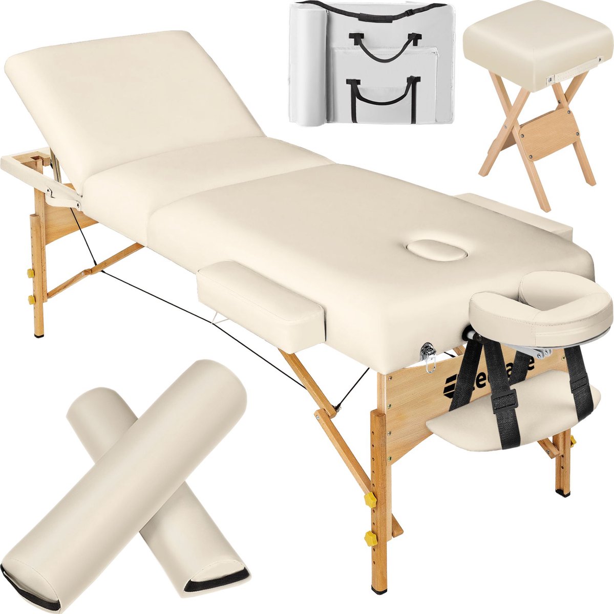 tectake® Massagetafel - Professionele Behandeltafel - 10 cm Matras - 3 Zones - Opvouwbare Behandelbank met Rolkussens, Draagtas en Kruk - Max Draagvermogen 250kg - In Hoogte Verstelbaar - Beige - Incl. Opbergtas