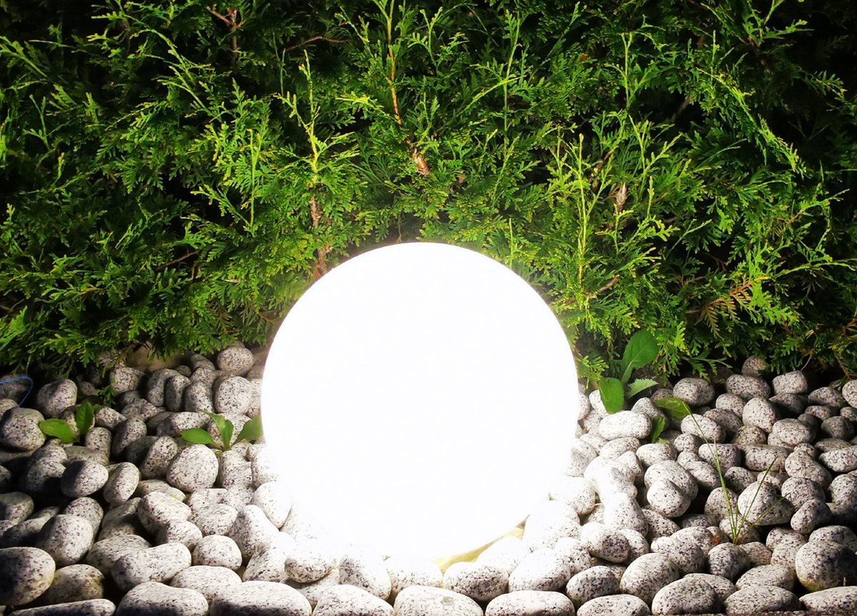 Trango IP65 tuinbal 20cm diameter in wit mat natuursteen look 200W *SNOW* incl. 5 meter IP44 voedingskabel met 1x E27 fitting, bollicht, tuinlamp, lichtbol, buitenlamp