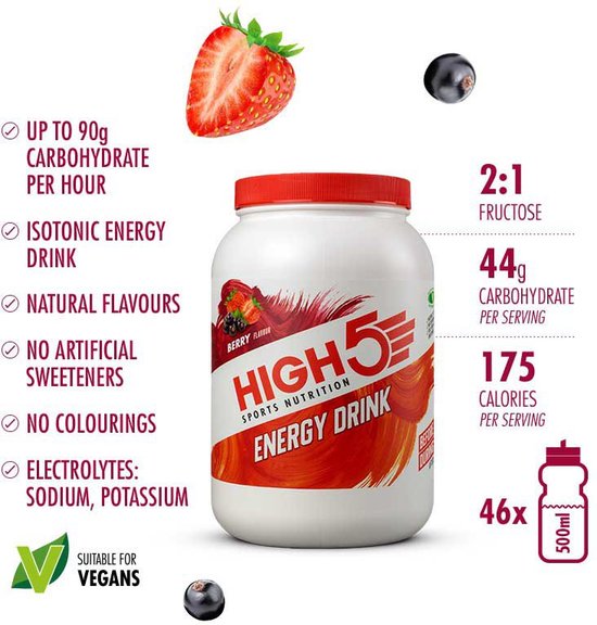 Wit potje HIGH5 Energy Drink bessen smaak. Met afbeeldingen van aardbeien en bosbessen. Tekst: Koolhydraten, 2:1 fructose, 175 calorieën, 46x 500ml.