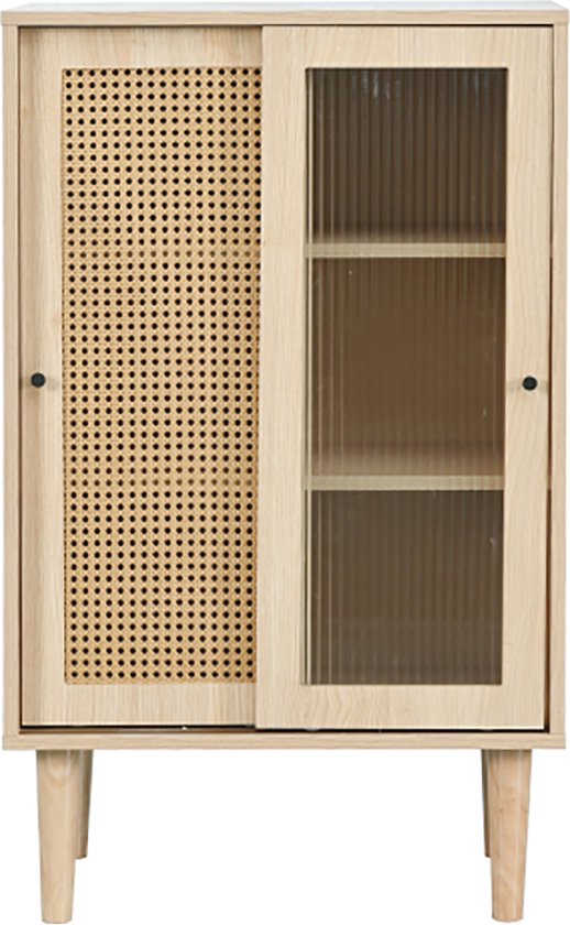 Sweiko 100 cm hoog houten dressoir met kunststof rotan deuren en glazen schuifdeuren, met 6 vakken achter de deuren.