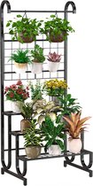 Plantenrek met hekwerk, 3 niveaus, bloemenrek, plantenstandaard van metaal, heavy duty, bloementrap voor binnen en buiten, zwart