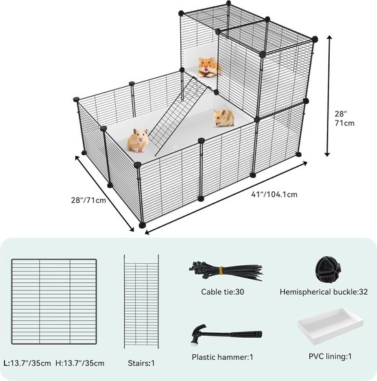 Konijnenkooi, Kooi voor Cavia, Metalen Kleine Dierenkooien voor Cavia, Konijnen, Gemakkelijk Schoon Te Maken, Veiligheidsafsluitbare Wielen(140 * 35 * 53cm