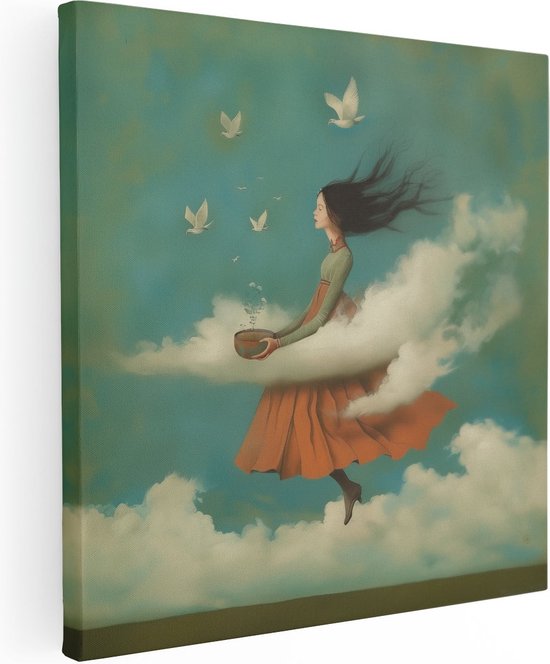 Artaza Canvas Schilderij Meisje in een Oranje Jurk die in de Wolken Vliegt - 50x50 - Wanddecoratie - Foto Op Canvas - Canvas Print