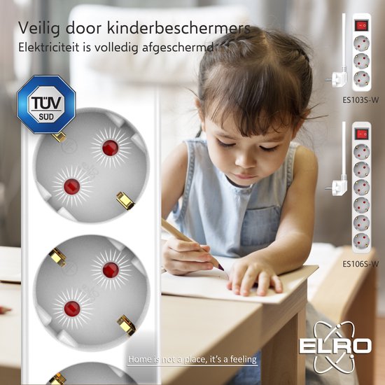 Een jong meisje aan een bureau met een witte stekkerdoos met 6 geaarde stopcontacten en kinderbeveiliging.