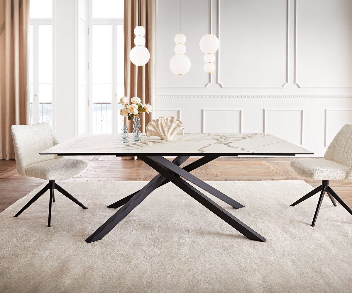 DELIFE Eetkamertafel Edge keramiek Calacatta Luxe wit-goud-grijs 200x100 kruisframe rechthoek zwart Weiß-Gold-Grau