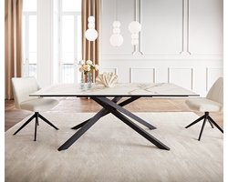 Eetkamertafel Edge keramiek Calacatta Luxe wit-goud-grijs 200x100 kruisframe rechthoek zwart