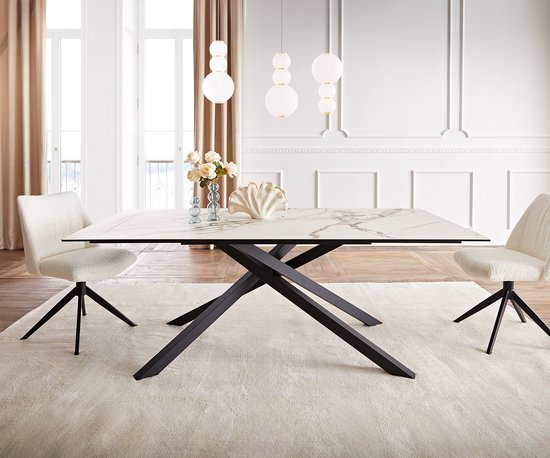 Table de salle à manger Edge céramique Calacatta Luxe blanc-or-gris 200x100 cadre croisé rectangle noir