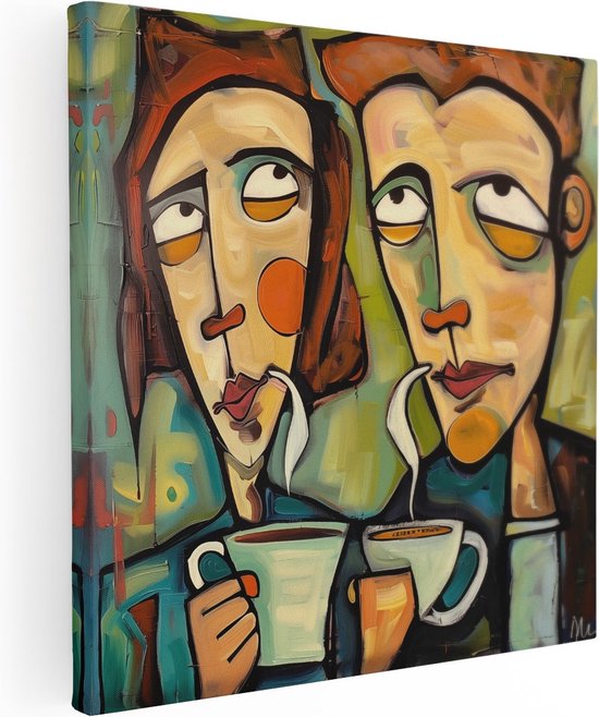 Artaza Canvas Schilderij Twee Mensen die Koffie Drinken - 90x90 - Groot - Foto Op Canvas - Canvas Print
