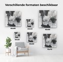 Abstract schilderij met zwarte, grijze en witte penseelstreken in verschillende formaten: 80x80, 40x40, 90x90, 30x30, 50x50, 70x70.