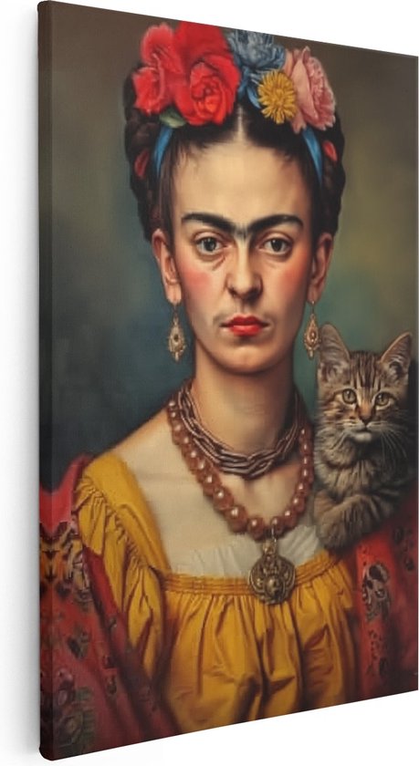 Artaza Canvas Schilderij Kunstwerk van Frida Kahlo met een Kat - Foto Op Canvas - Canvas Print