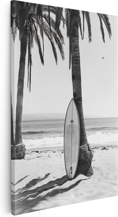 Artaza Canvas Schilderij Surfplank Leunend tegen een Palmboom - 20x30 - Klein - Foto Op Canvas - Canvas Print