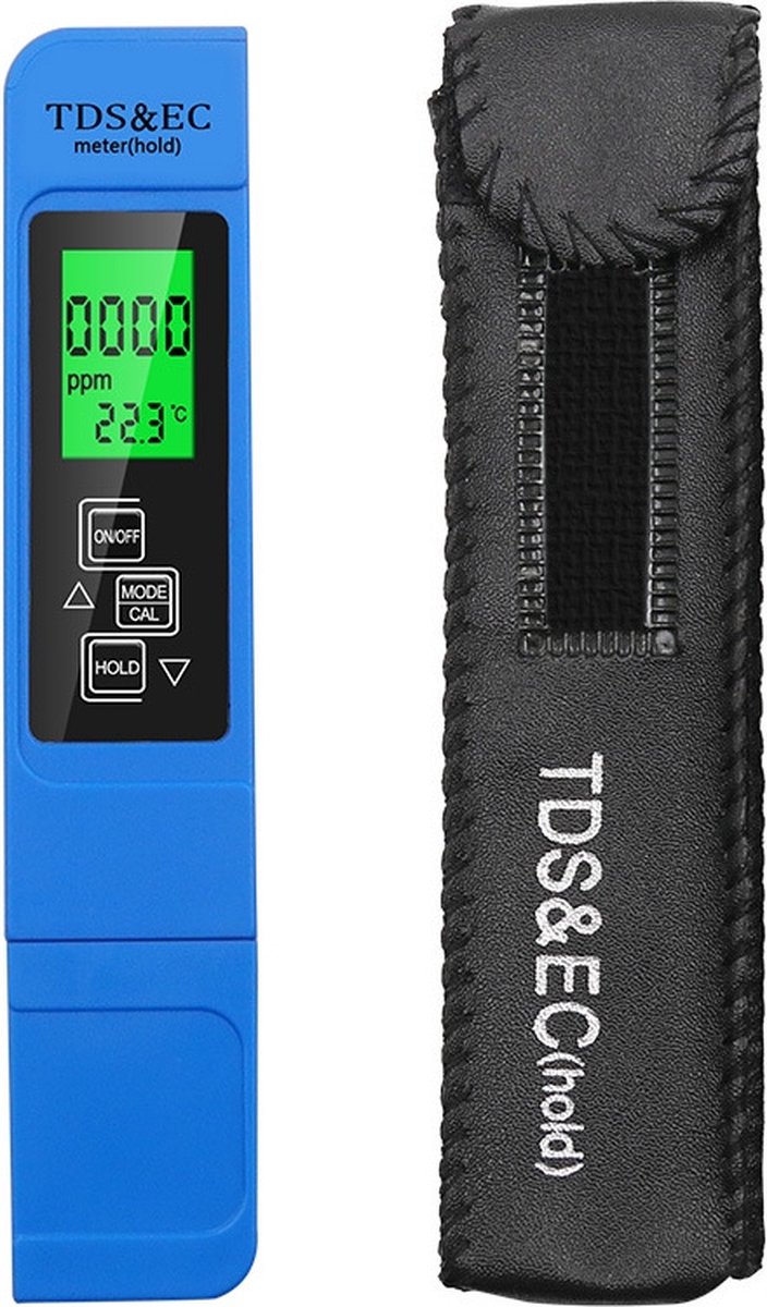 FOLQON Digitale TDS - EC en Temperatuur Meter - Incl. Batterij - Watertester - Voor Zwembad, Aquarium, Drinkwater - Multifunctioneel - Blauw