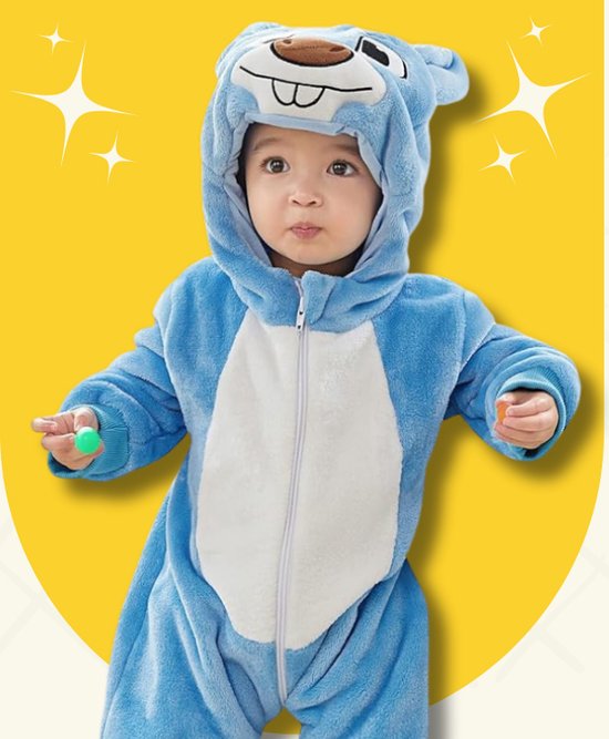 BoefieBoef Hamster Blauw Dieren Onesie & Pyjama voor Baby en Dreumes en Peuter tm 18 maanden - Kinder Verkleedkleding - Dieren Kostuum Pak - Wit