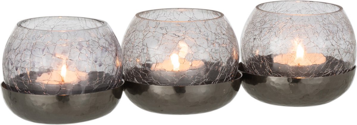 J-Line theelichthouder 3 Bol Craquelé - glas/metaal - zwart