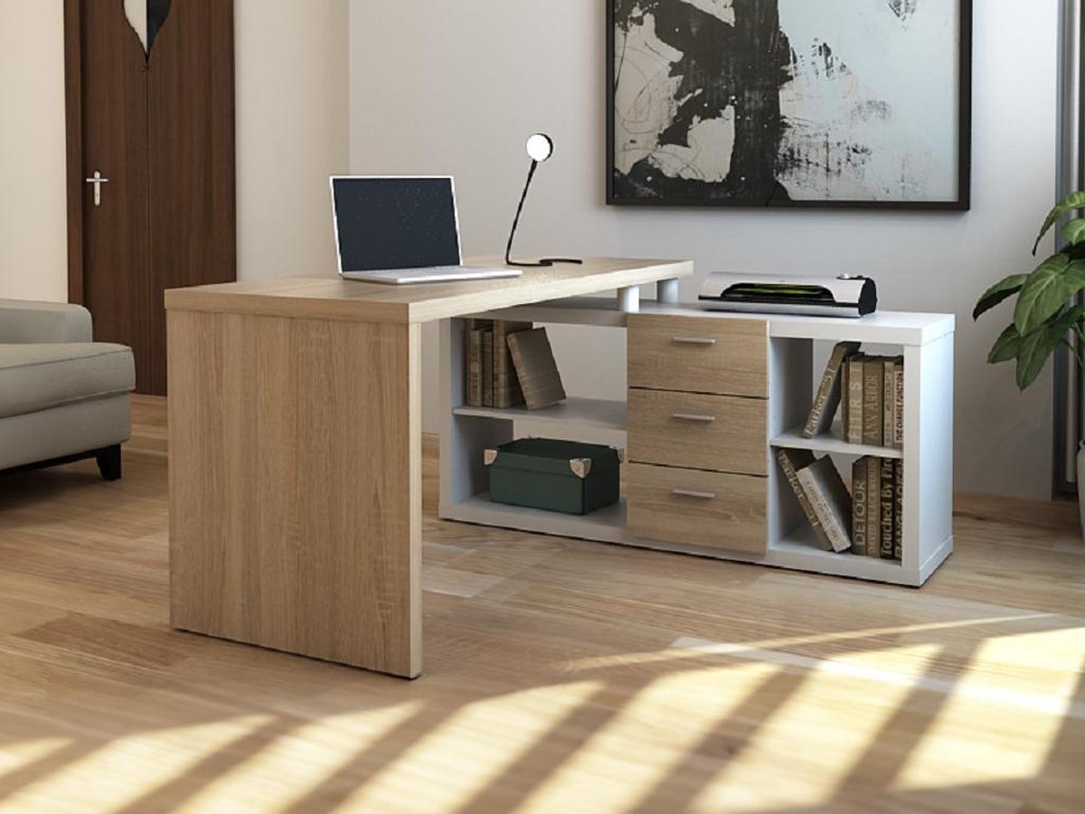 Vente-unique Hoekbureau met opbergruimtes ALDRIC III - Wit & Eiken