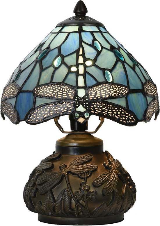 HAES DECO - Tiffany Tafellamp Ø 20x28 cm Blauw Glas Libelle Tiffany Bureaulamp