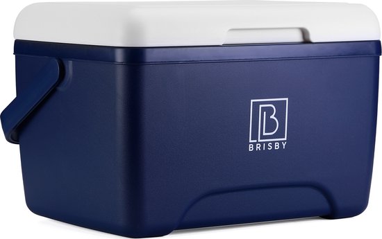 Blauwe koelbox met wit deksel en handvatten, logo van Brisby op de zijkant.