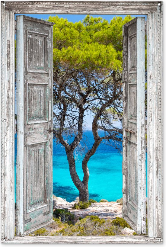 Tuinposter - Doorkijk - Zee - Bomen - Strand - Kust - 120x180 cm - Tuindecoratie - Schuttingposter - Tuindoek - Buitenposter