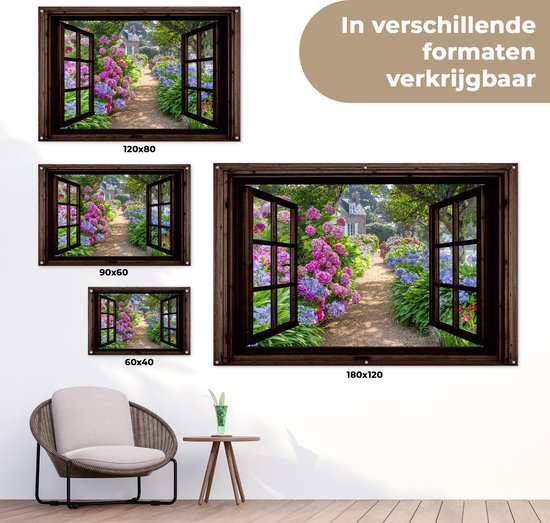 Tuinposter doorkijk bloemen - Donkerbruin raam - Tuindecoratie hortensia - 120x80 cm - Tuinschilderij voor buiten paars - Tuindoek - Wanddecoratie tuin - Schuttingdoek - Balkon decoratie - Muurdecoratie - Buitencanvas tuinversiering