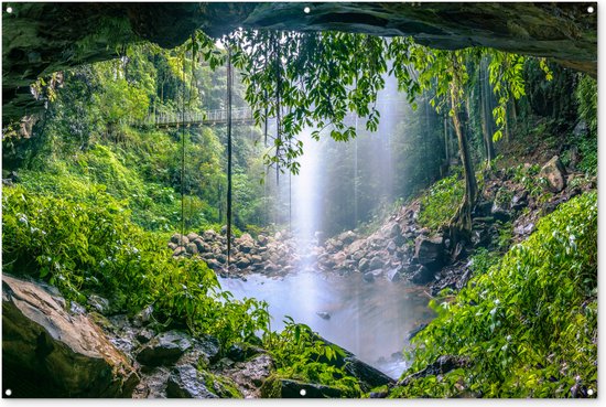 Photo de forêt tropicale avec cascade Poster de jardin 200x100 cm - Toile de jardin / Toile d'extérieur / Peintures d'extérieur (décoration de jardin) XXL / Groot format!