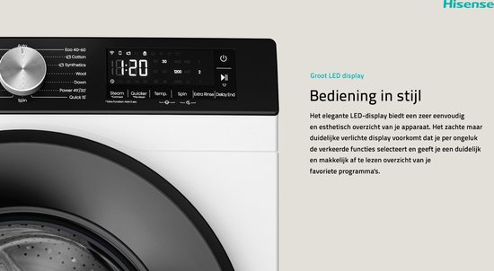 Hisense 3S Serie WF3S8043BW3/BLX - Wasmachine met Energielabel A -30% - 8kg - 72dB (A) - Steam Wash -1400 toeren - Power Wash 49' - ConnectLife - Inhoud Trommel 54 Liter