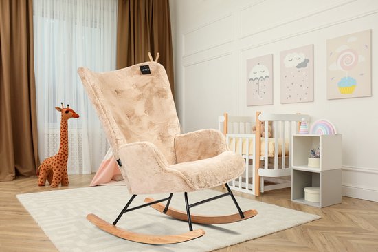 Aemely® Schommelstoel 'Mama' - Beige Imitatiebont, Blank Hout