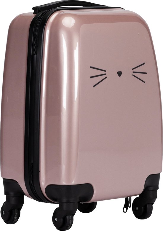 Roze koffer met zwarte kattengezicht-print. Zwarte handgreep en wielen.