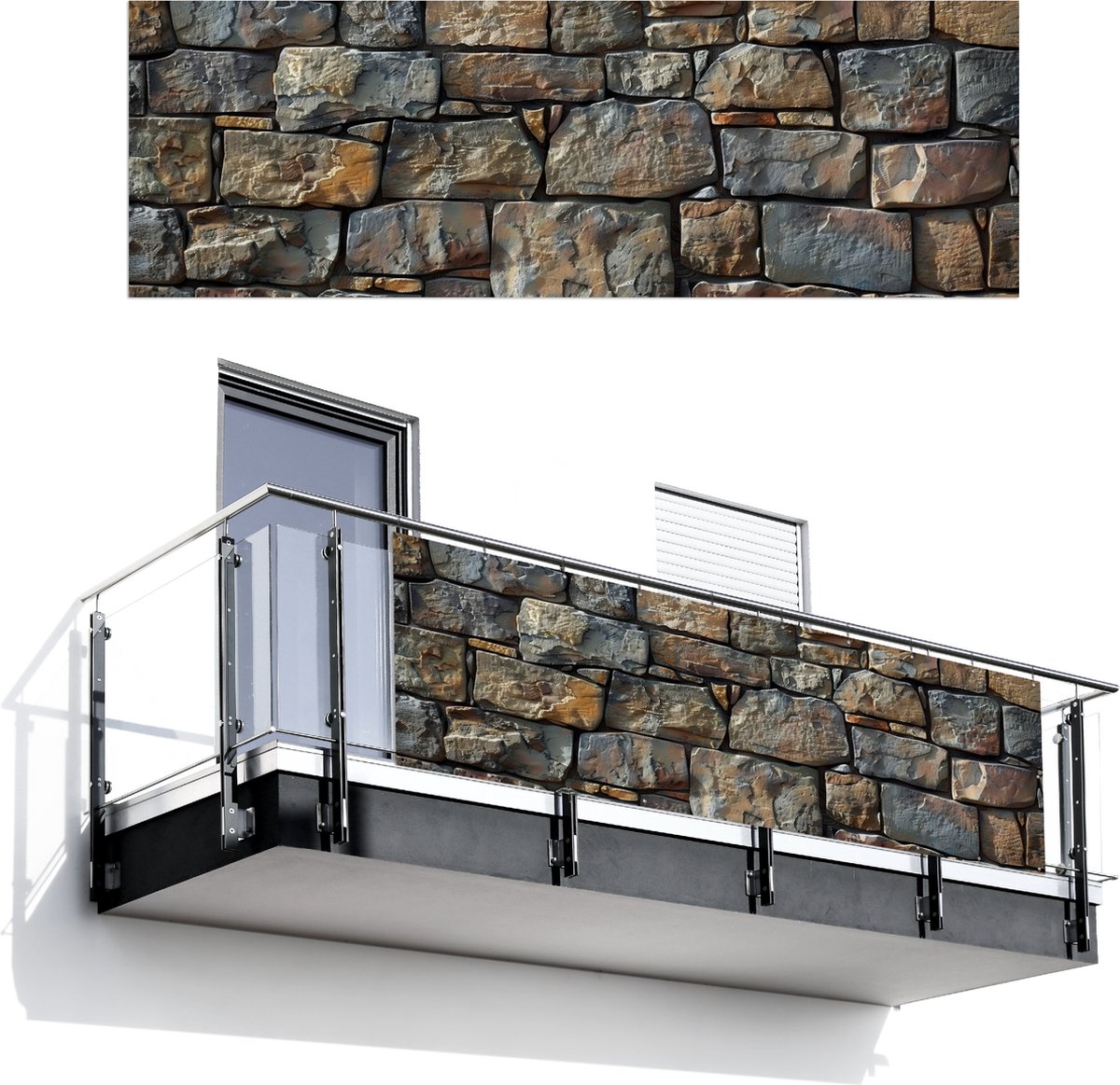Balkonscherm 300x100 cm - Balkonposter Stenen - Steenoptiek - Grijs - Bruin - Balkon scherm decoratie - Balkonschermen - Balkondoek zonnescherm