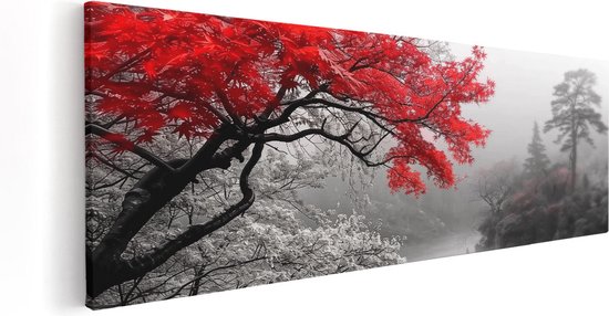 Artaza Canvas Schilderij Boom met Rode Bladeren in de Mist - 120x40 - Wanddecoratie - Foto Op Canvas - Canvas Print