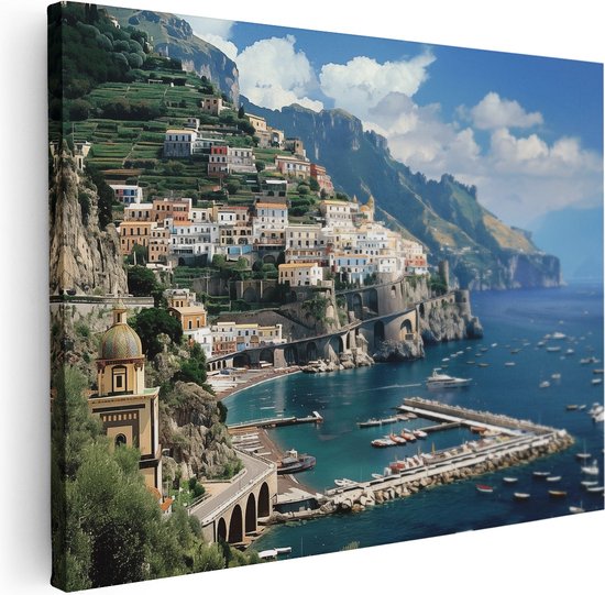 Artaza Canvas Schilderij Stad op de Kliffen van de Kust van Amalfi - 40x30 - Klein - Foto Op Canvas - Canvas Print
