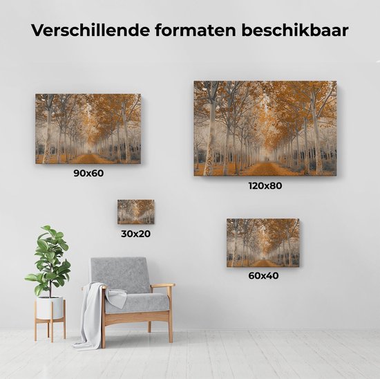 Artaza Canvas Schilderij Weg Omzoomd met Bomen in de Herfst - Landschap - 60x40 cm - Wanddecoratie Woonkamer - Schilderijen - Muurdecoratie